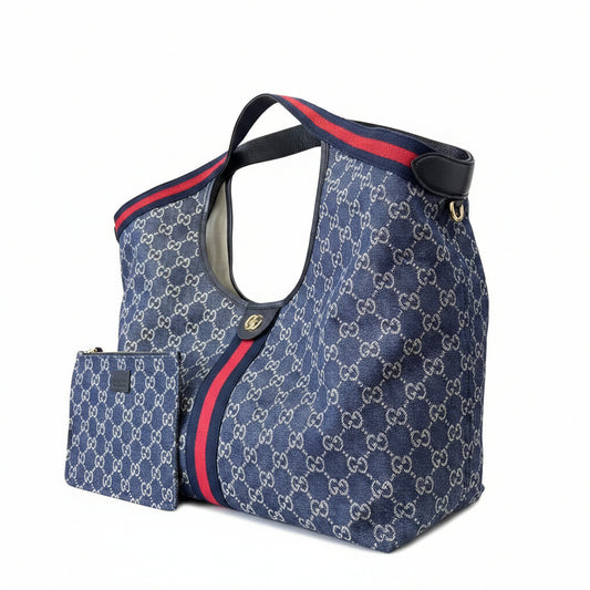 Gucci Giglio Large Tote Bag in Blue and White GG Denim