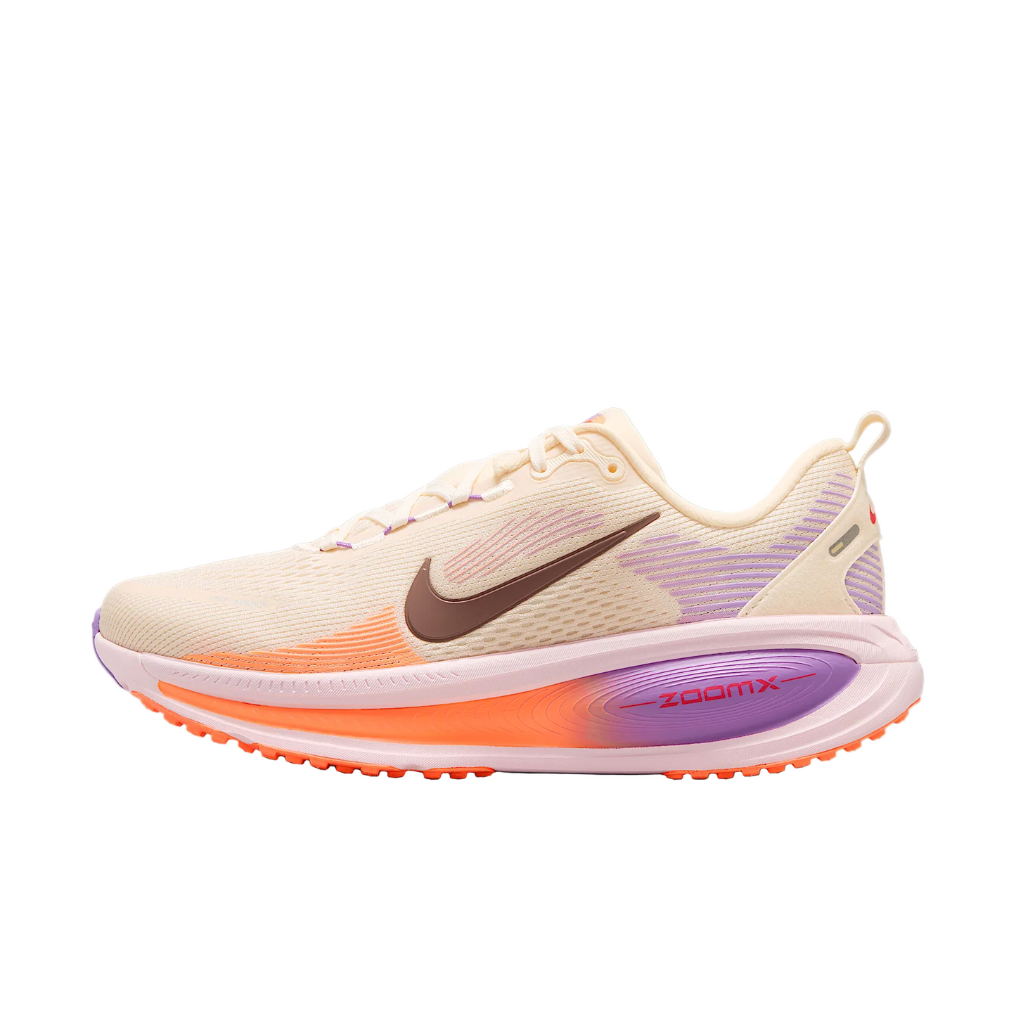 Beige running shoe with purple and orange accents on a white background